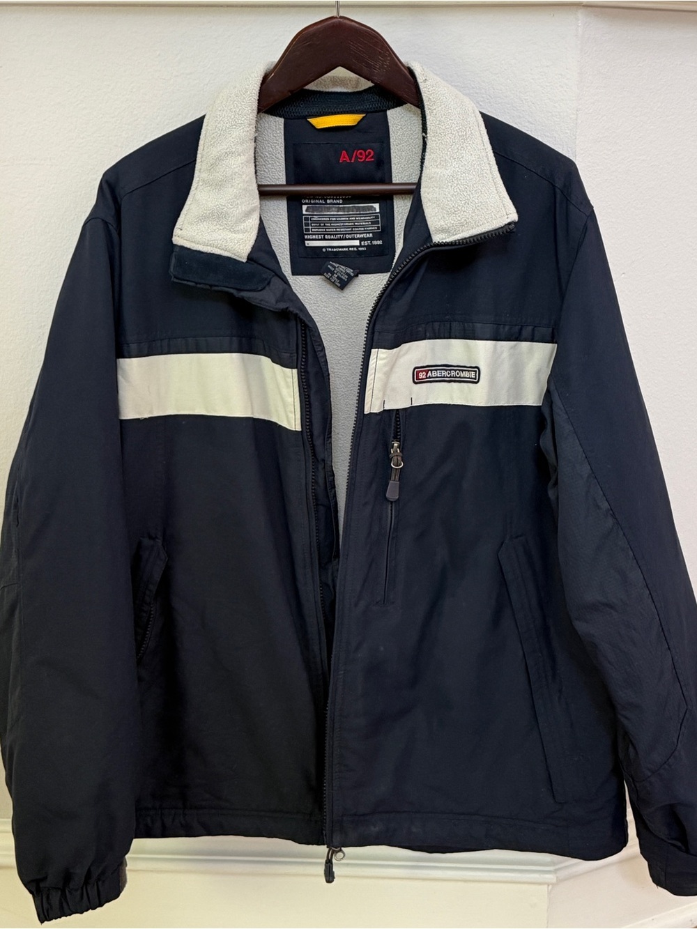 Vintage Abercrombie & Fitch Mens Navy Jacket with Cream Chest Stripe